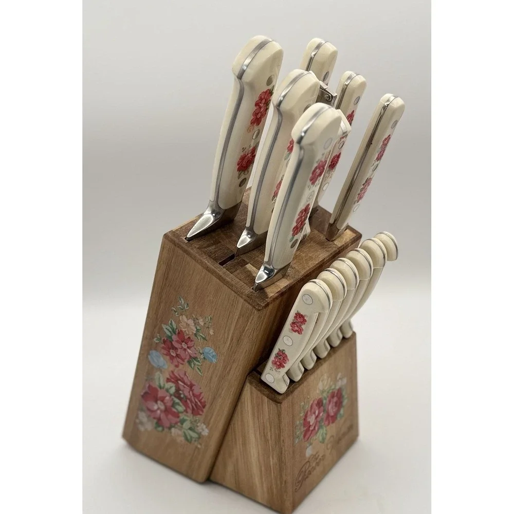 Vtg Pioneer Woman Floral 14-Piece Cutlery Kitchen Set Wood Block Retired #5617